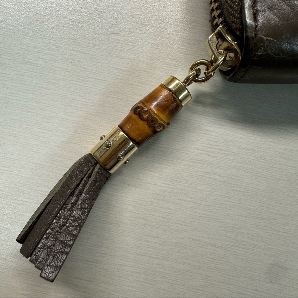 GUCCI Bamboo Tassel Swing Leather Zip Around Long Wallet Brown-Gray - Picture 3 of 10